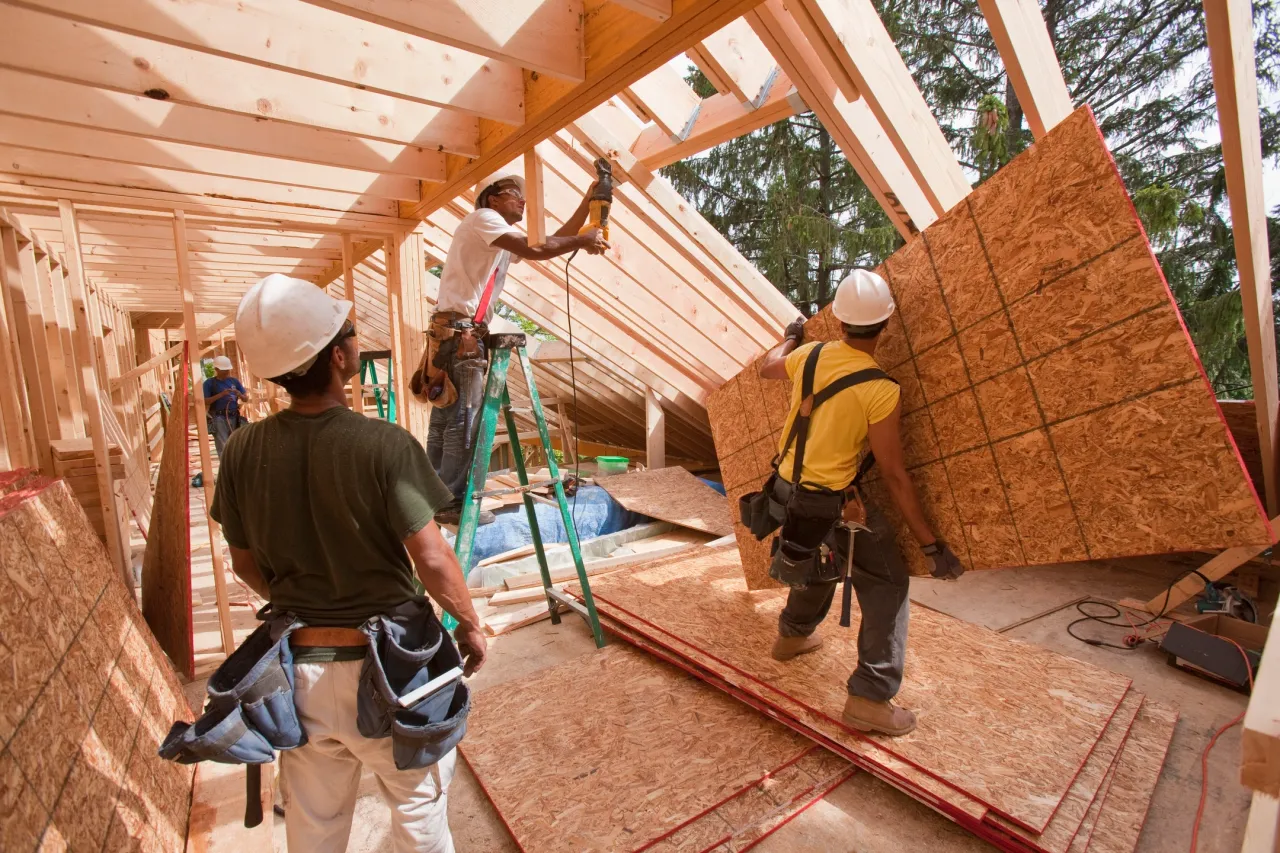 Estructura de madera y revestimiento de paredes en montaje